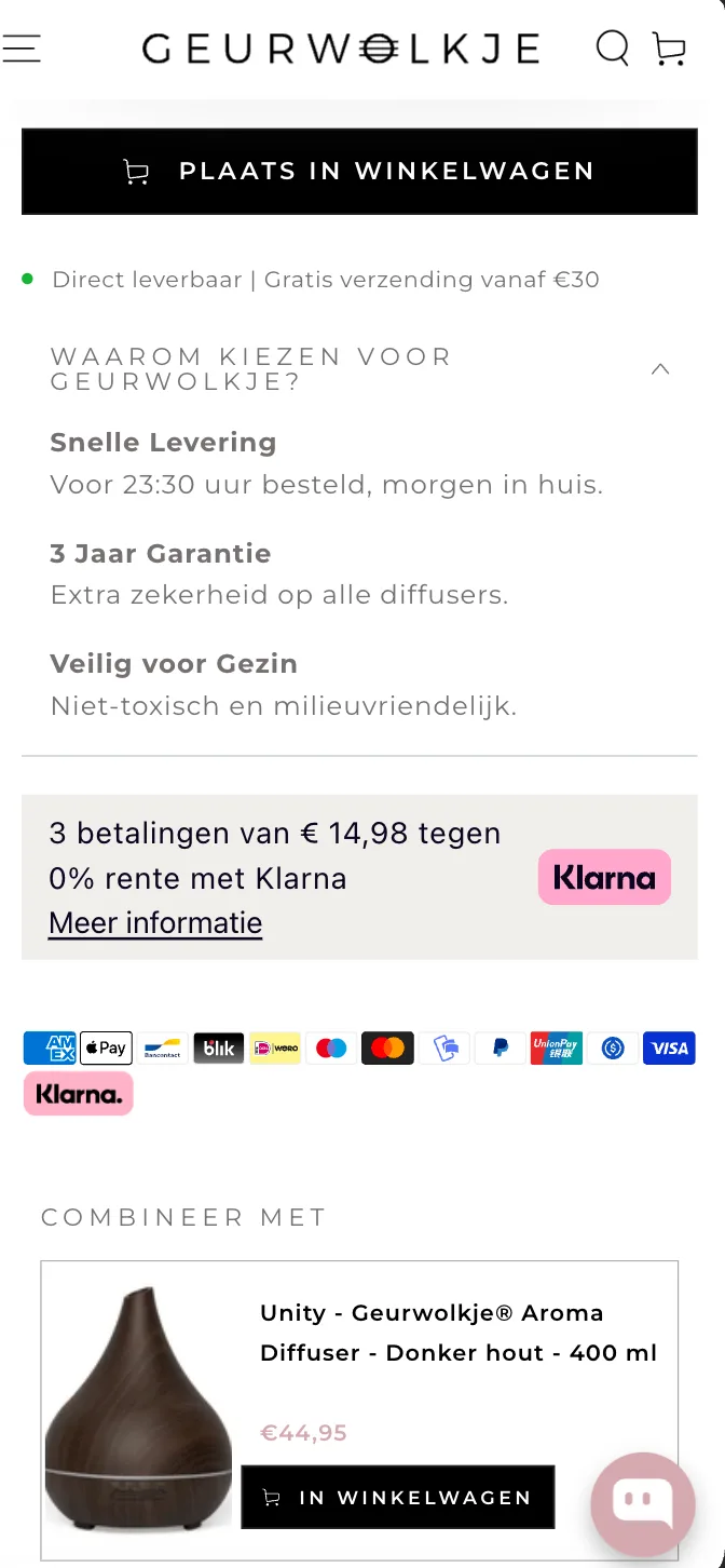 Geurwolkje product page showing custom USP blocks, Klarna instalment messaging, payment icons, and a related-product upsell