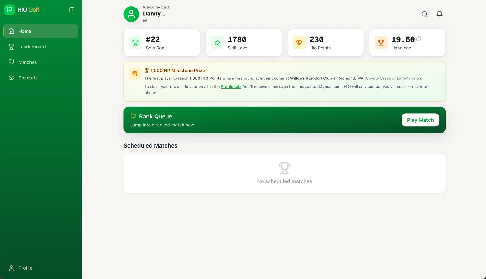 The player dashboard: solo rank, skill level, HIO Points and handicap, with a one-tap ranked queue.