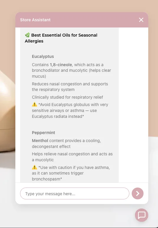 A structured answer about essential oils for seasonal allergies, including when to use each one with caution.